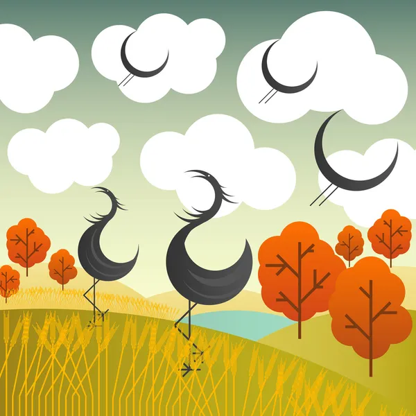 Paisaje de otoño vectorial con grullas aves y árboles — Vector de stock