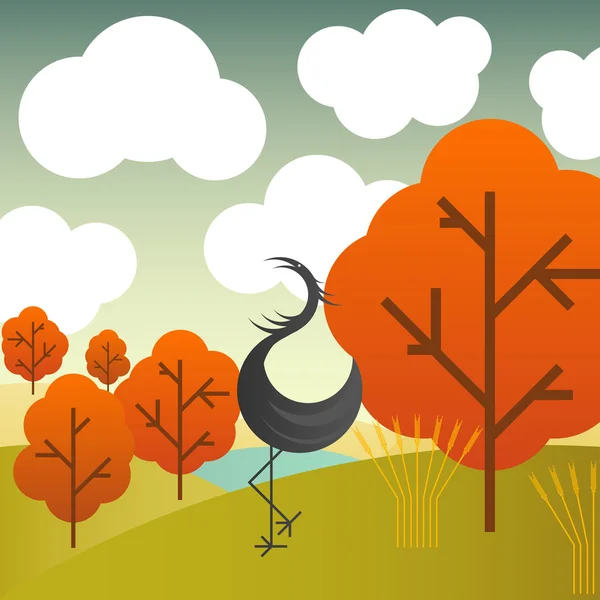 クレーン鳥と木とベクトルの秋の風景 — ストックベクタ