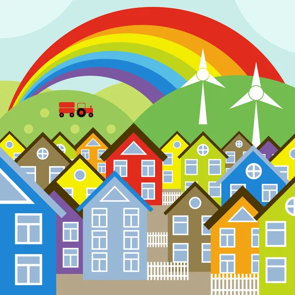 Huizen vector achtergrond met regenboog en wind generatoren — Stockvector