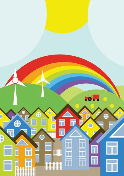 Huizen vector achtergrond met regenboog en wind generatoren — Stockvector