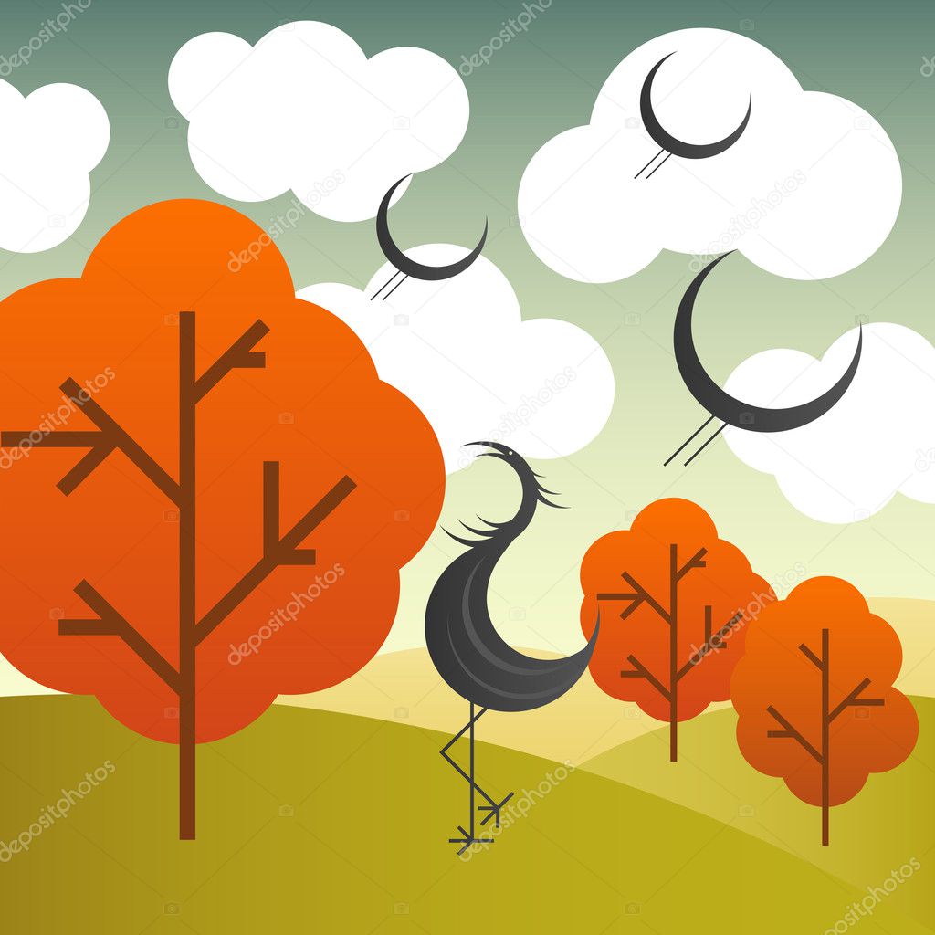 Vector autumn landscape with cranes birds and trees
