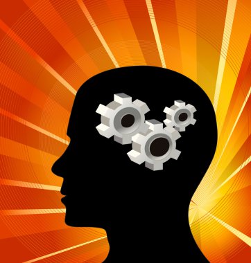 Gear symbol in the head of a thinking silhouette concept clipart