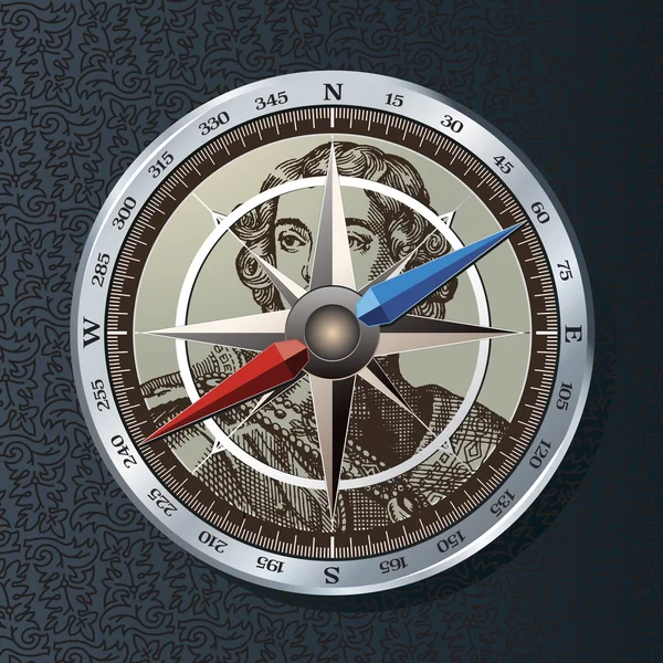 Stříbrné kovové ikona kompasu. vektorové ilustrace. — Stockový vektor