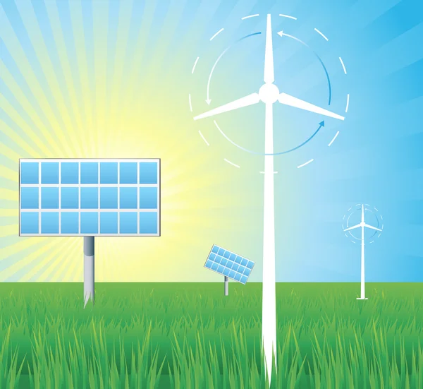 Ecologie concept vector achtergrond met windmolen en zonnepaneel — Stockvector