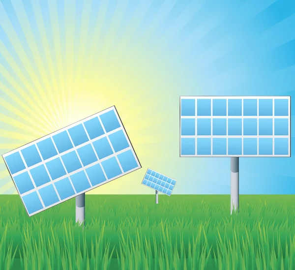 Alternative energy solar panels stood in lush green grass reflecting the su — Stock Vector