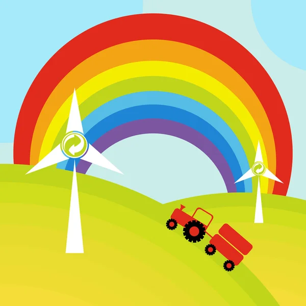 Paysage avec champs et tracteur près des éoliennes — Image vectorielle