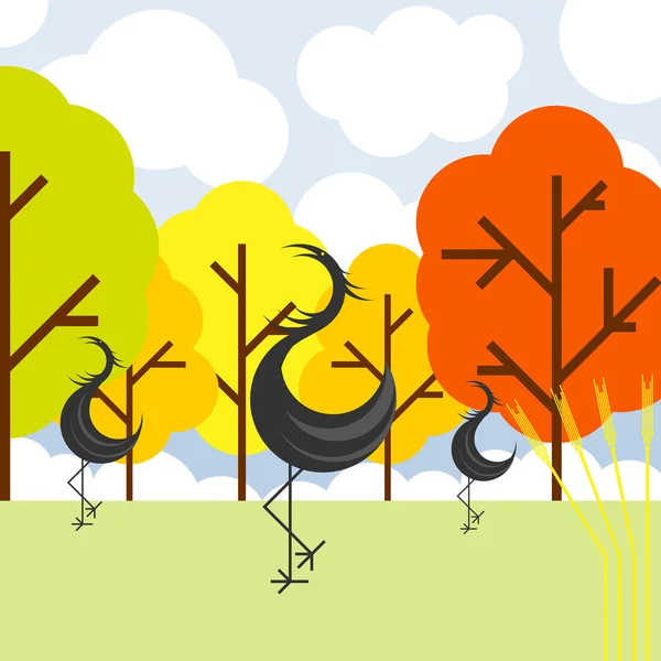 Paysage d'automne vectoriel avec grues oiseaux et arbres — Image vectorielle
