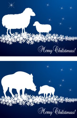 İki Noel kartları için koyun ve yaban domuzu vektör arka plan set