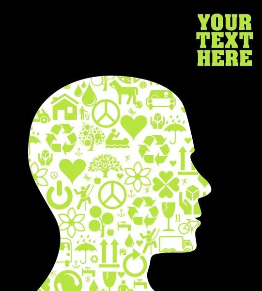 Groene hoofd silhouet met eco-pictogrammen — Stockvector