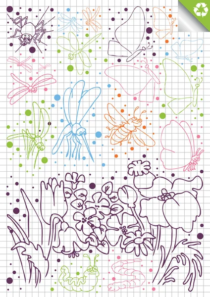 Vektorové obrysy barevné motýly a další hmyz — ストックベクタ