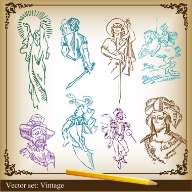 Vector Illustration set of medieval knights and woman background clipart