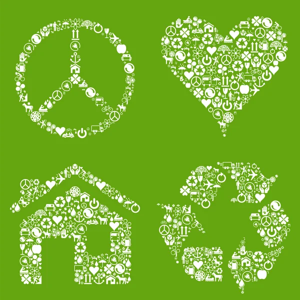 Eco casa, cuore, sfondo vettore di pace con molte icone — Vettoriale Stock