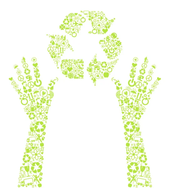 Hands holding green vector icon background concept made with buttons — Stock Vector