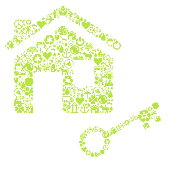 Grünes Öko-Haus mit Schlüssel aus Öko-Symbolen — Stockvektor