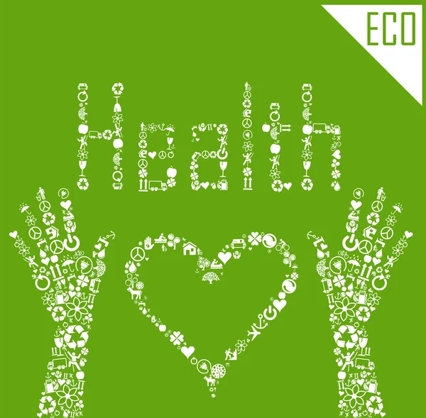 Manos sosteniendo Eco verde icono salud corazón vector fondo concepto — Vector de stock