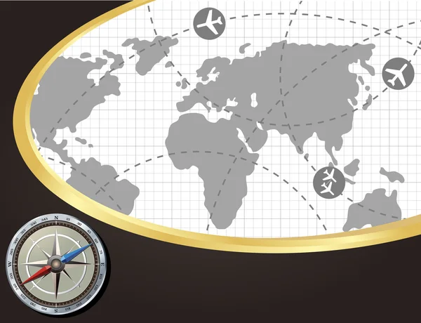 Antecedentes con el radar del navegador para avión y vector aeronáutico con mundo — Vector de stock