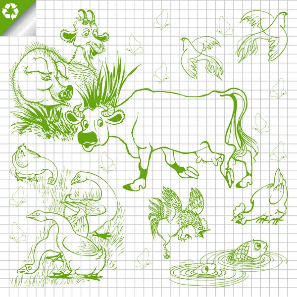 Vector conjunto de animales de granja mano dibujar estilo — Vector de stock