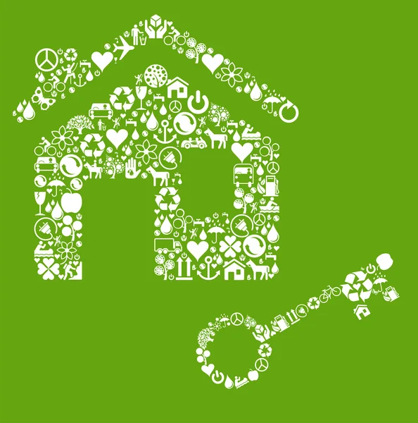 Green eco house with key made from ecology icons — Stock Vector