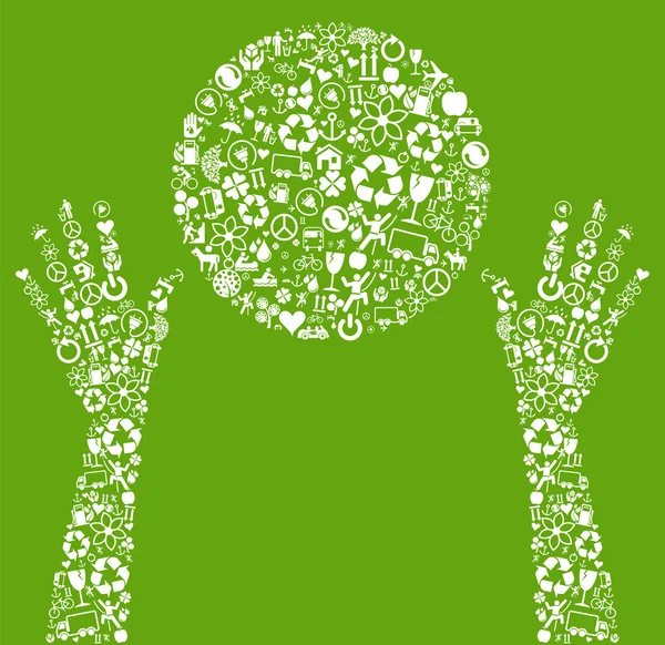 Руки держат зеленый вектор иконки концепции фона сделаны с помощью кнопок — стоковый вектор