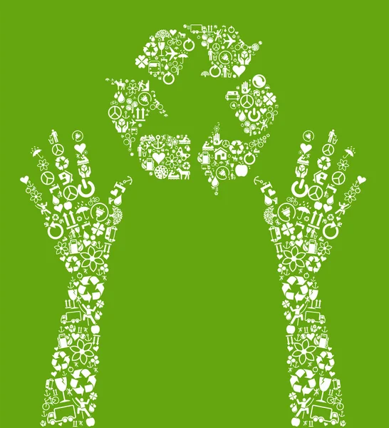 Mãos segurando conceito de fundo ícone vetor verde feito com botões — Vetor de Stock