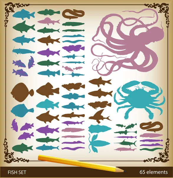 Векторний набір риб, восьминогів і крабів у вінтажному стилі з жовтим олівцем — стоковий вектор