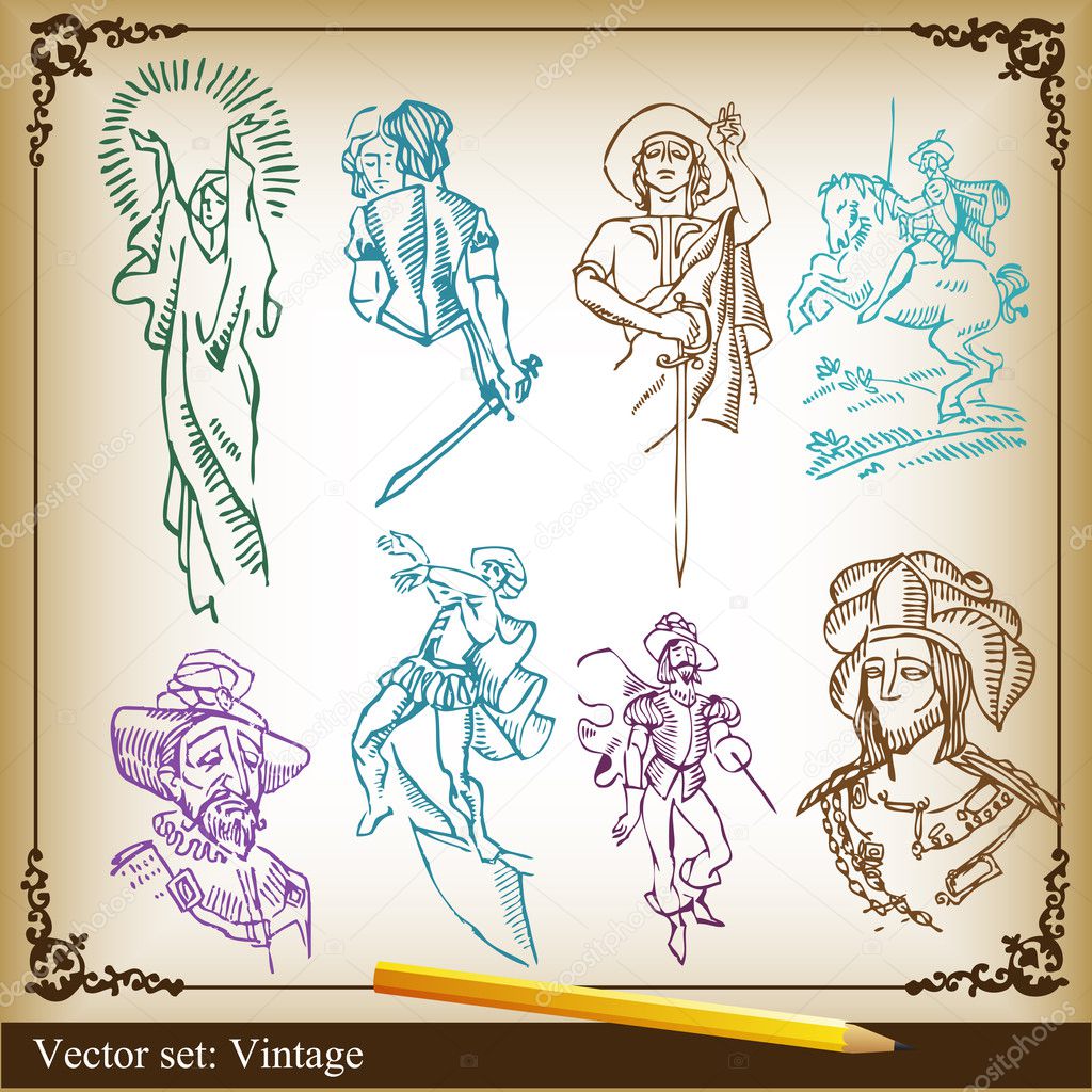 Vector Illustration set of medieval knights and woman background