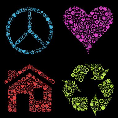 Eco house, heart, peace vector background with many icons clipart