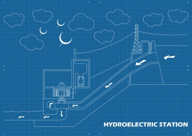 Hydro power station vector blueprint background clipart