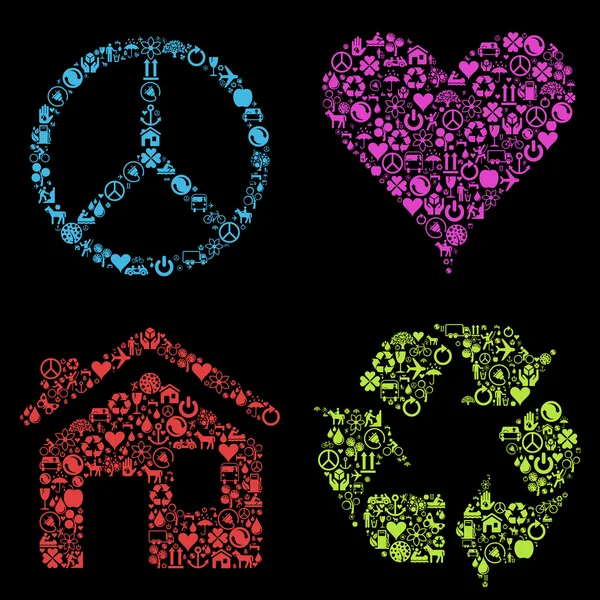 Öko-Haus, Herz, Friedensvektorhintergrund mit vielen Symbolen — Stockvektor