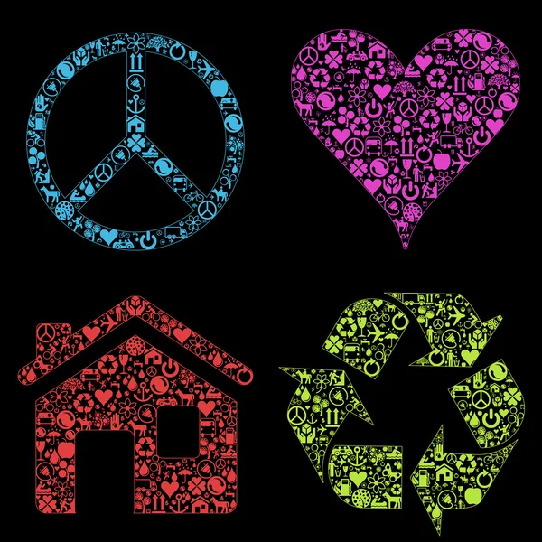 Eco casa, coração, fundo vetor de paz com muitos ícones — Vetor de Stock