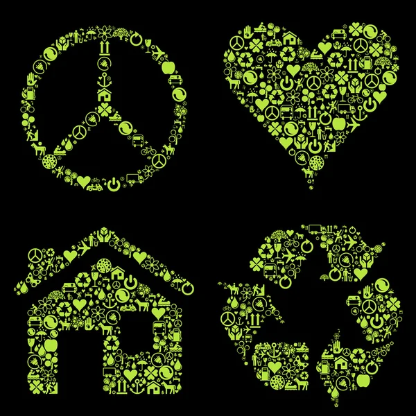 Öko-Haus, Herz, Friedensvektorhintergrund mit vielen Symbolen — Stockvektor