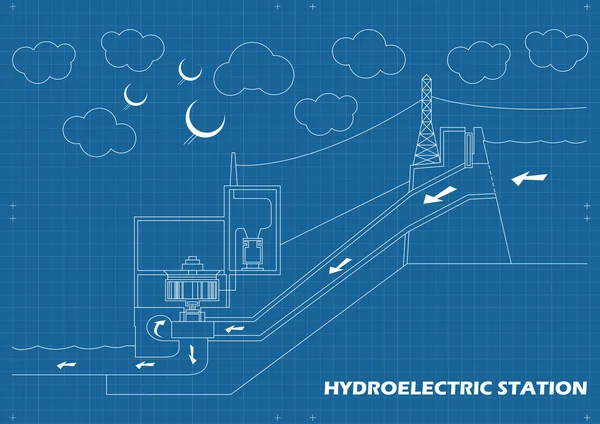 Wasserkraftwerk Vektor Blaupause Hintergrund — Stockvektor