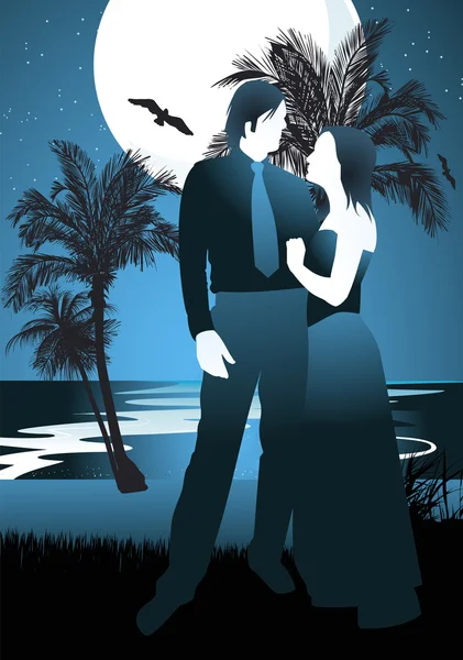 夫妇在热带海滩在晚上下的星空，构筑由棕榈树 — 图库矢量图片