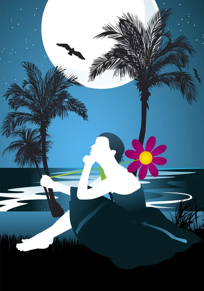 Fille dans la plage tropicale la nuit sous le ciel étoilé, encadrée par des palmiers — Image vectorielle