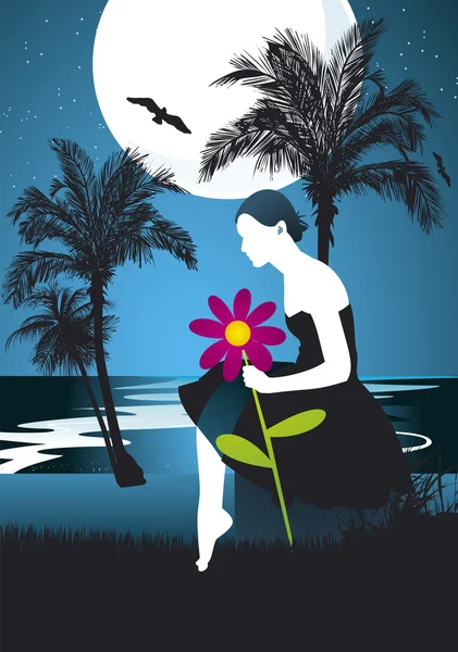 ヤシの木に囲まれて夜、星空の下での熱帯のビーチで女の子 — ストックベクタ
