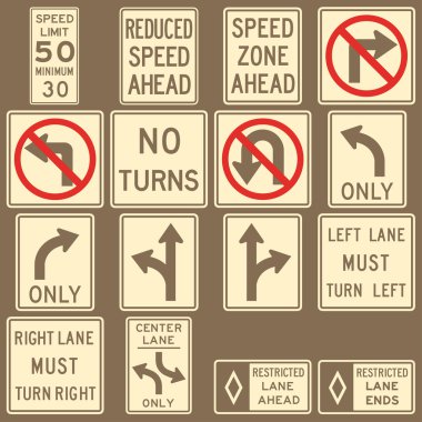 Image of various road and highway signs on a brown background clipart