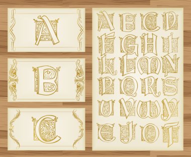 Vintage alphabet illustrations clipart