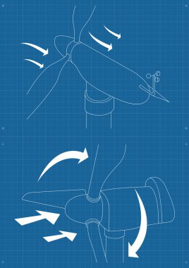 Windmill alternative energy 3d generator blueprint with wind flow vector clipart