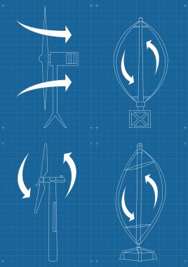 Windmill alternative energy 3d generator blueprint with wind flow vector clipart