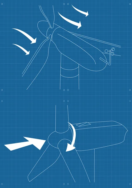 Větrný mlýn alternativní energie 3d generátor blueprint s Větrná tok vektoru — Stockový vektor