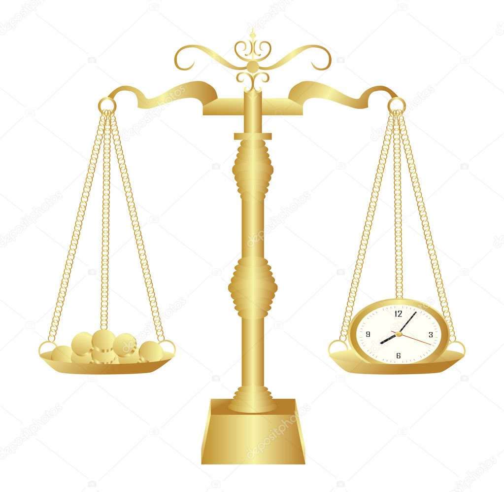 Golden scales isolated on white vector. Time is money concept