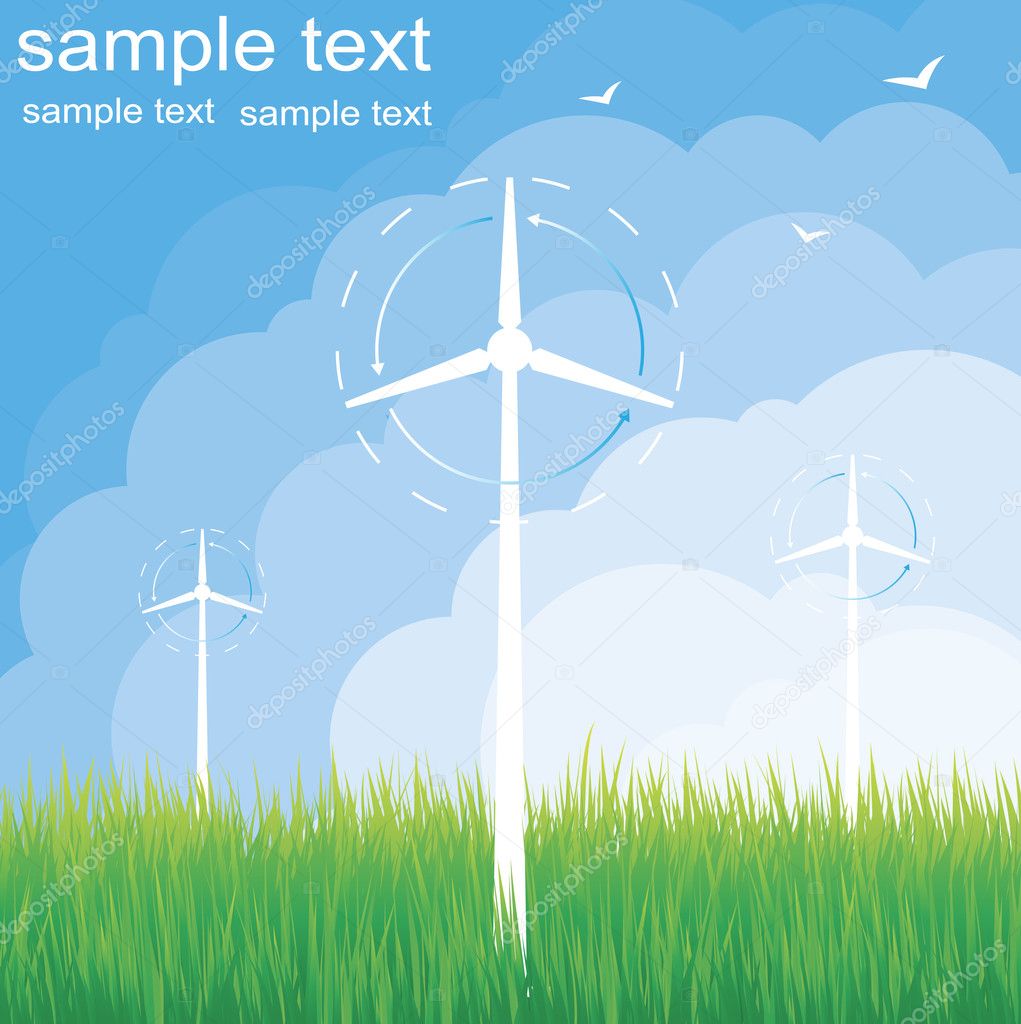 Windmill alternative energy 3d generator blueprint with wind flow vector