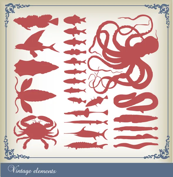 Силуэты рыбных раковин и морепродуктов — стоковый вектор