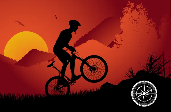 Mountain Biker Sunset Vector Background — Stock Vector