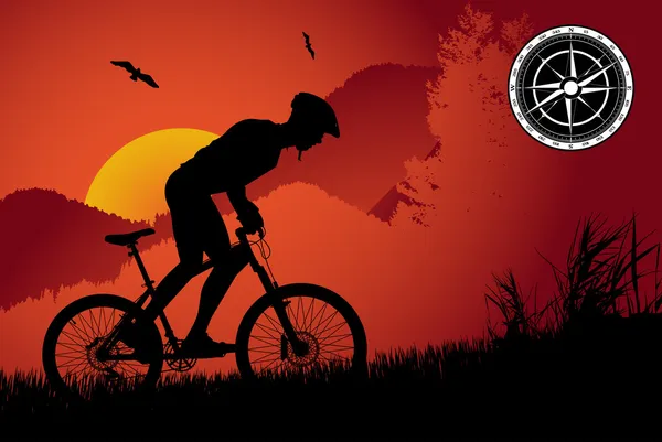 Dağ Bisikletçinin Günbatımı Vektör Arka Plan — Stok Vektör