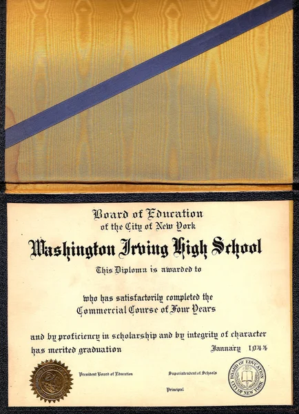 stock image Vintage Washington Irving School Diploma