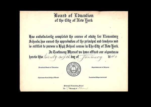 Diploma de la Escuela Primaria Vintage 1940 — Foto de Stock