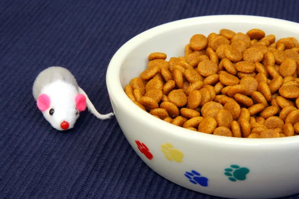Bowl of cat kibble and play mouse — Stock Photo, Image
