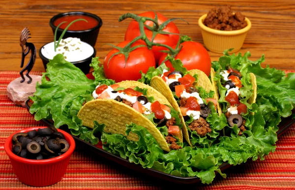 Tacos in a bed of greens with tomatoes and garnishes to the side. — Stock Photo, Image