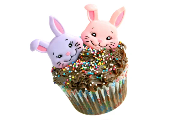 Chocolate Easter Cupcake with two bunnies — Stock Photo, Image